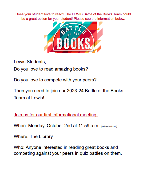 Lewis Battle of the Books Information 